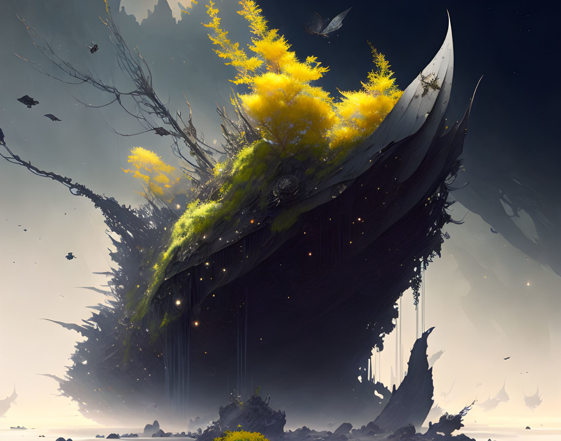 Fantastical landscape with floating island and yellow trees