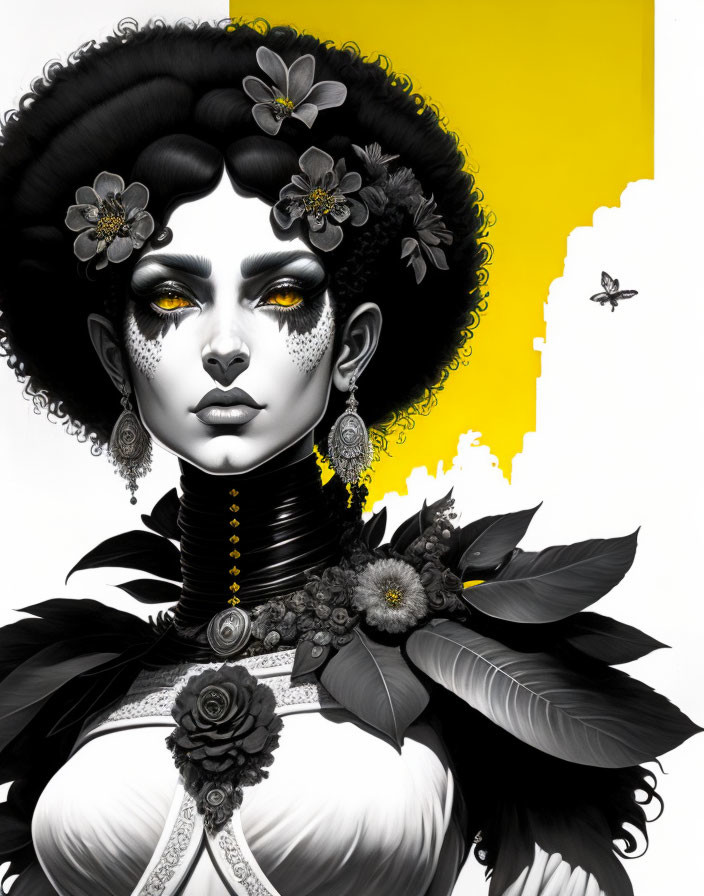 Monochromatic portrait of woman with floral adornments and bee