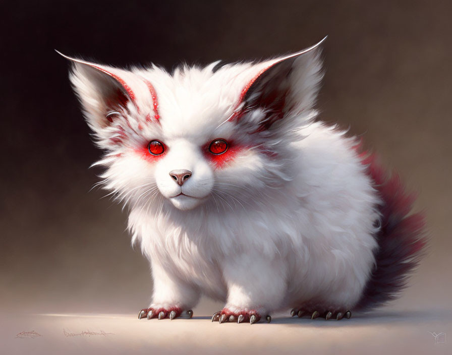 White fluffy creature with red eyes and sharp horns in fantasy illustration