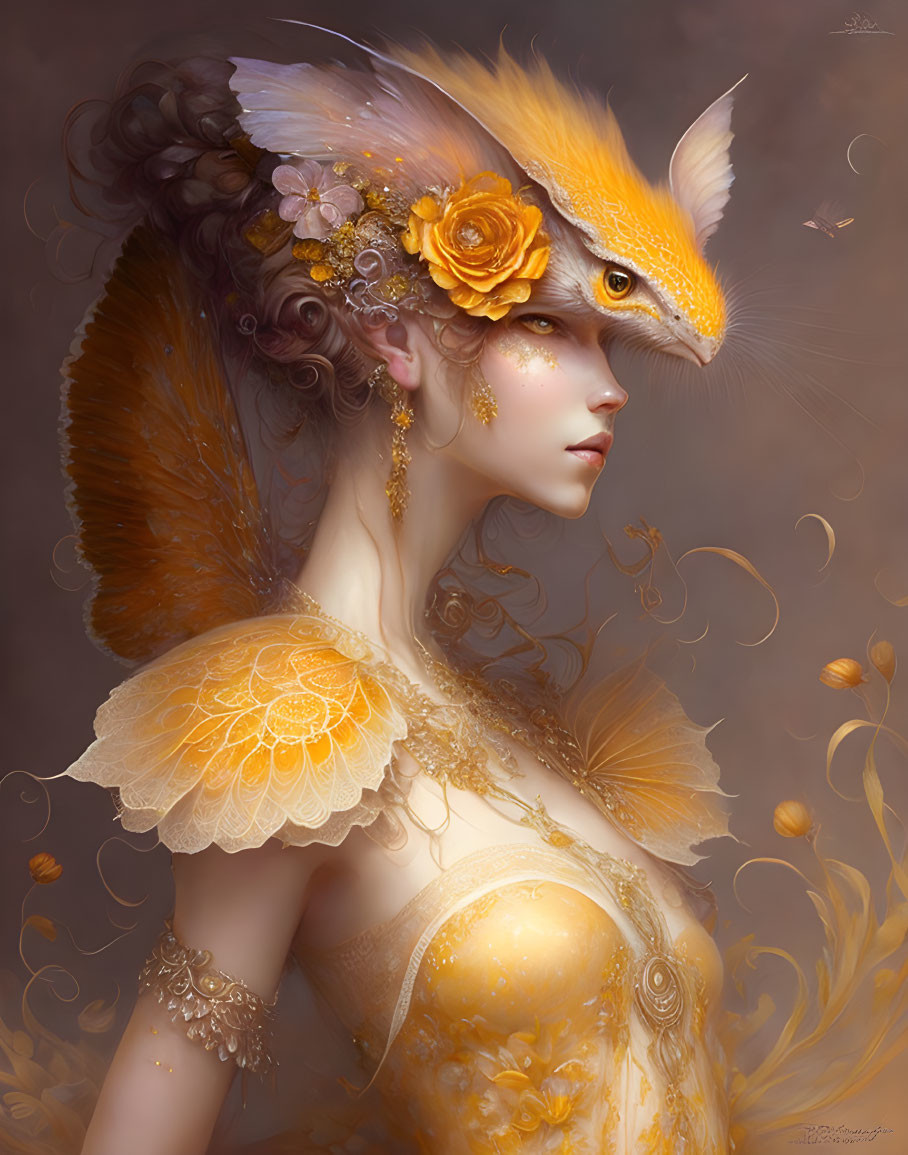 Golden Phoenix-Themed Woman Illustration with Petals and Motifs