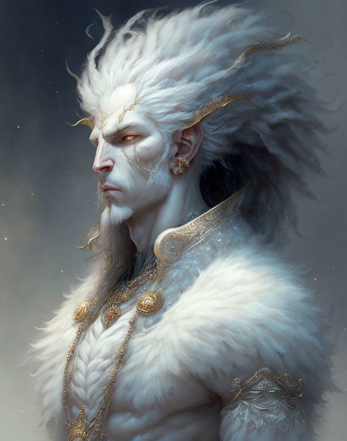 Fantasy character with white hair, pointed ears, gold jewelry, and fur costume.