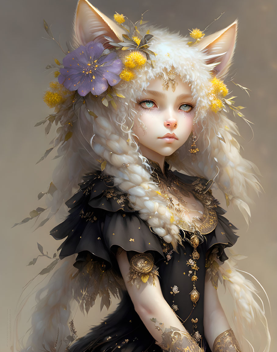 Illustrated female character with feline ears, yellow flowers, golden ornaments, white hair, and black