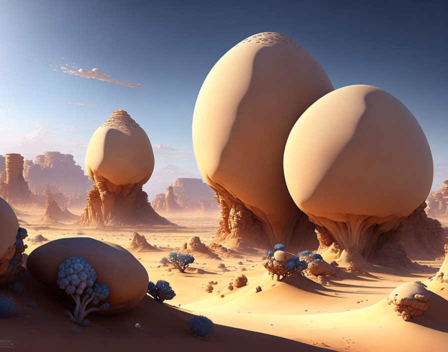 Surreal desert landscape with oversized egg-like structures