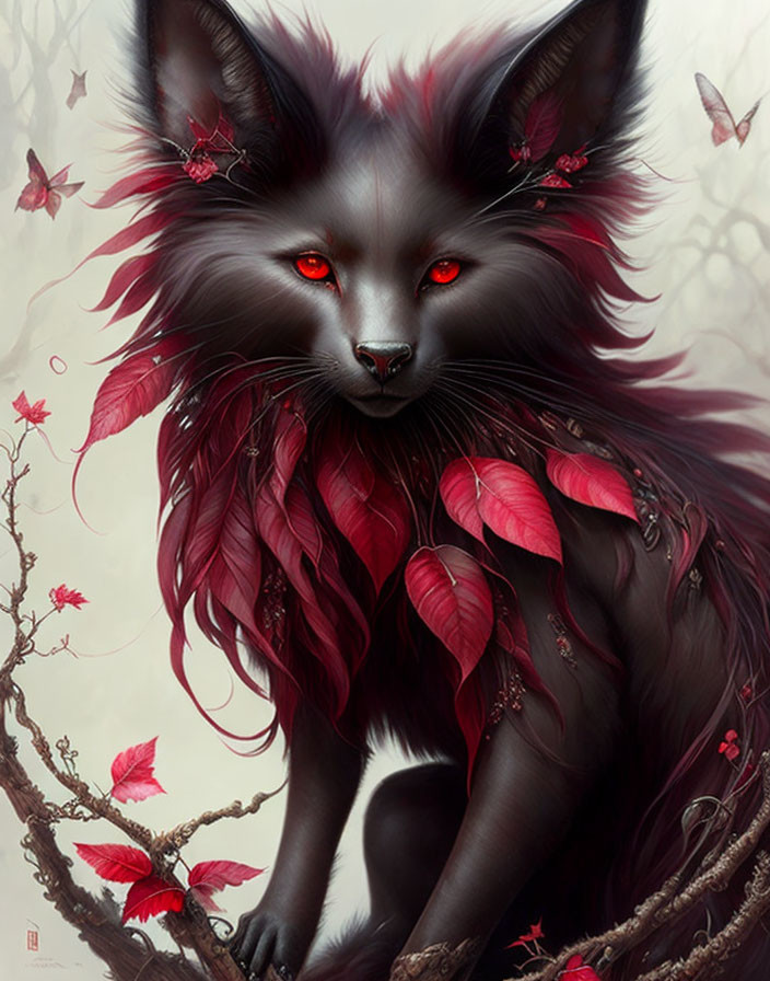 Mystical black fox with red eyes and crimson leaves in fur among fluttering red leaves