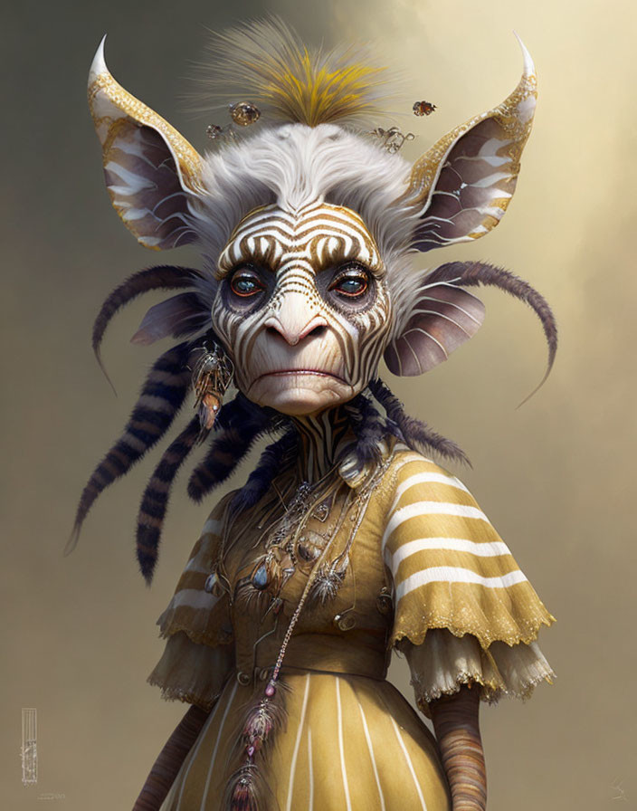 Striped Horned Creature with Yellow Feathers and Intricate Facial Patterns