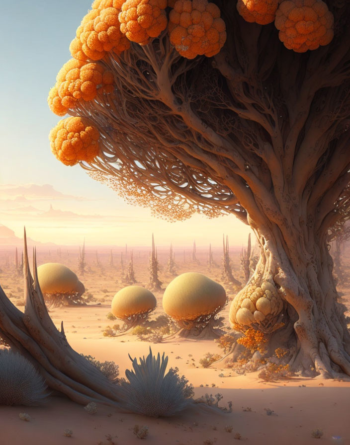 Fantastical desert landscape with tree-like structures and orange clusters