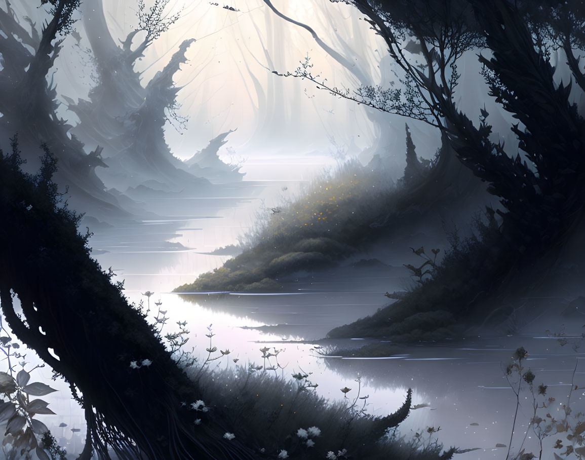 Ethereal light illuminates mystical forest river scene