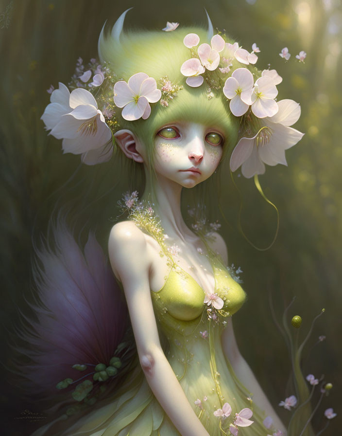 Green-skinned elfin creature with floral hair in magical forest.