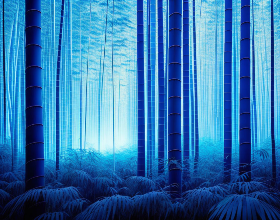 Blue-lit bamboo forest with towering stalks and serene ambiance