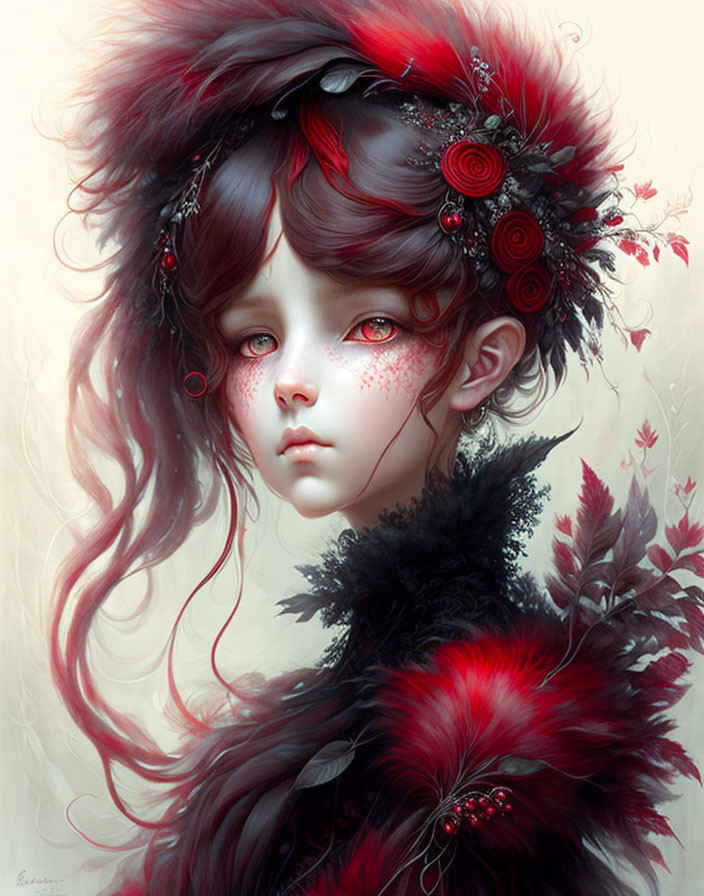 Pale-skinned girl with large eyes and wavy hair adorned with red flowers and feathers in black and