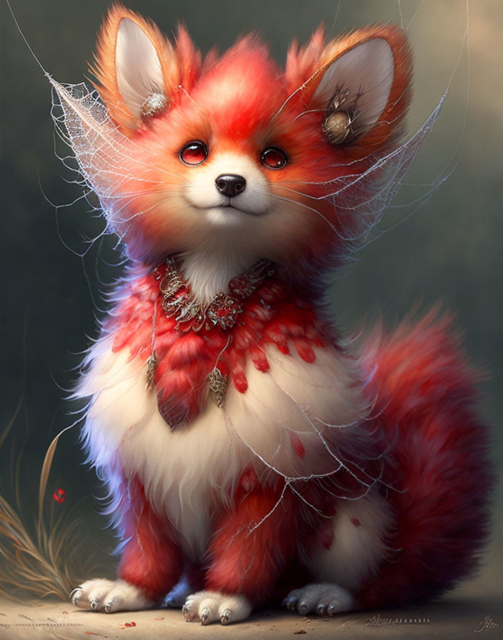 Whimsical red and white fox illustration with cobwebs and dew drops.