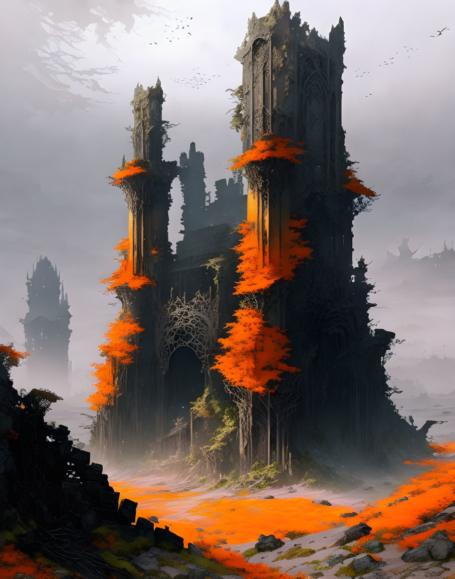 Mystical gothic ruins in vibrant orange landscape