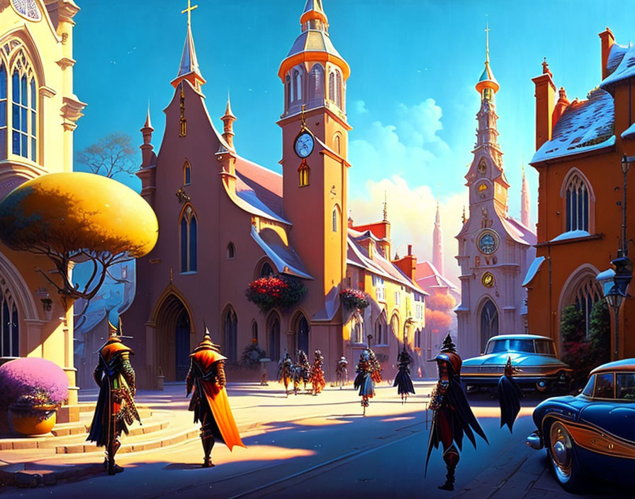 Illustration: Quaint town with Gothic churches, vintage cars, and cloaked figures under blue sky