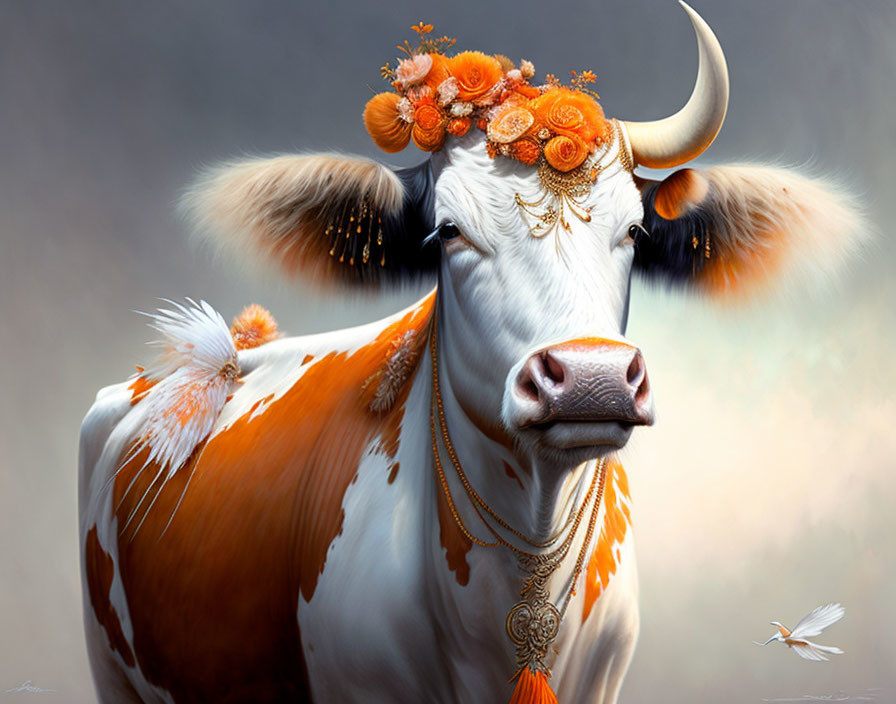 White and Brown Cow with Orange Flowers and Bird in Flight Against Soft Background