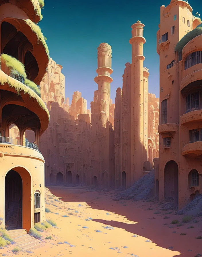 Intricate desert buildings under clear blue sky - serene cityscape.