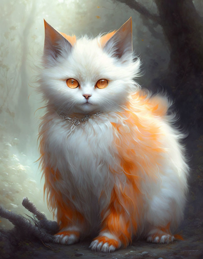 Fluffy white cat with orange patches and amber eyes in misty forest