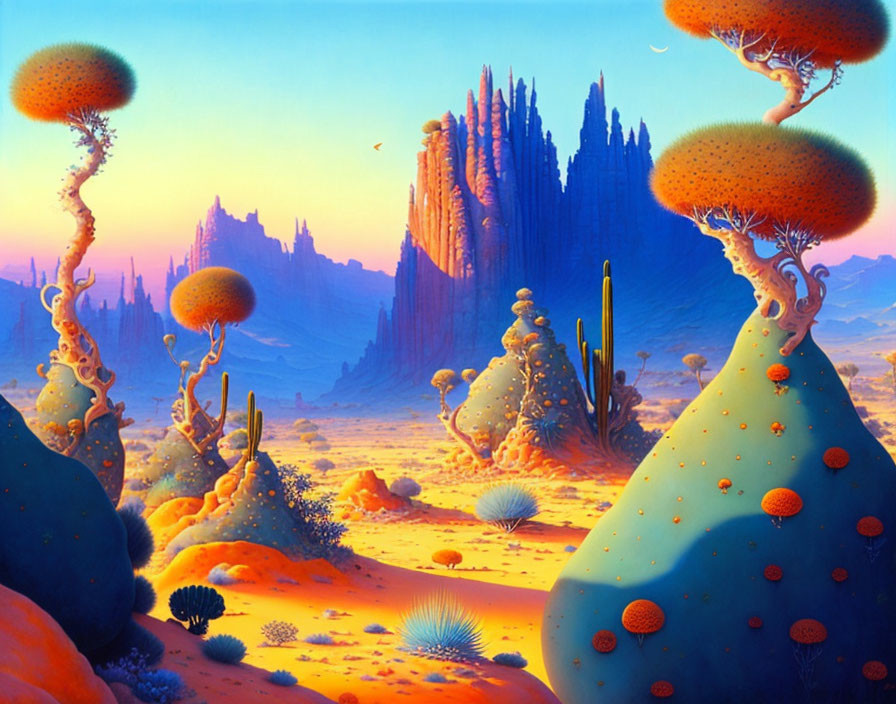 Alien landscape with towering structures and mushroom-like vegetation