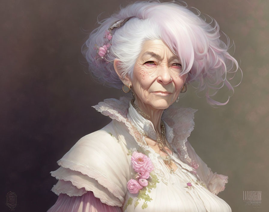 White-haired elderly woman in vintage attire and floral accessories smiling warmly.