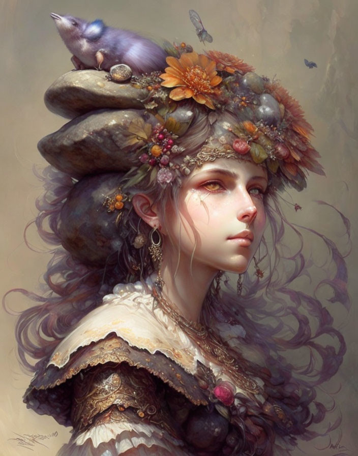 Woman with ornate flower hat and sleeping purple creature on head