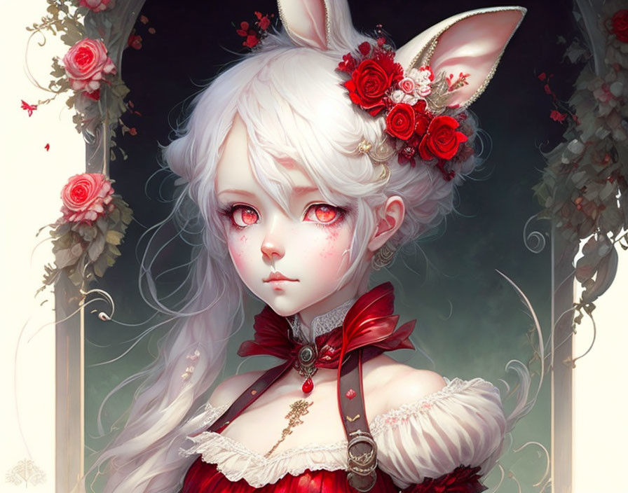 Illustrated character with white rabbit ears, red roses, red dress, and golden accessories.