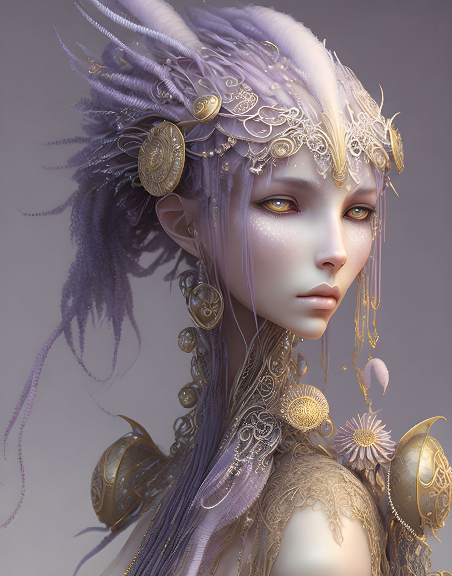 Ethereal being with lavender hair and golden ornaments