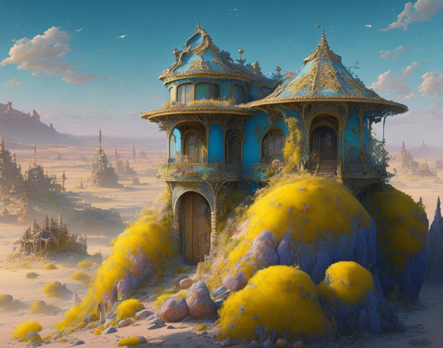 Blue and gold ornate desert building on yellow spheres under clear sky with birds