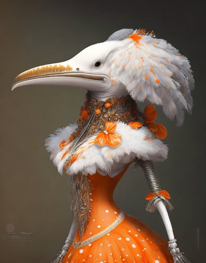 Creature with Bird-like Head in Ornate Orange Dress