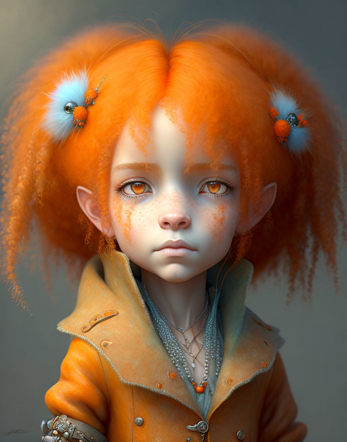 Child with orange hair, freckles, yellow eyes in tan coat with jewelry and orb hairpins