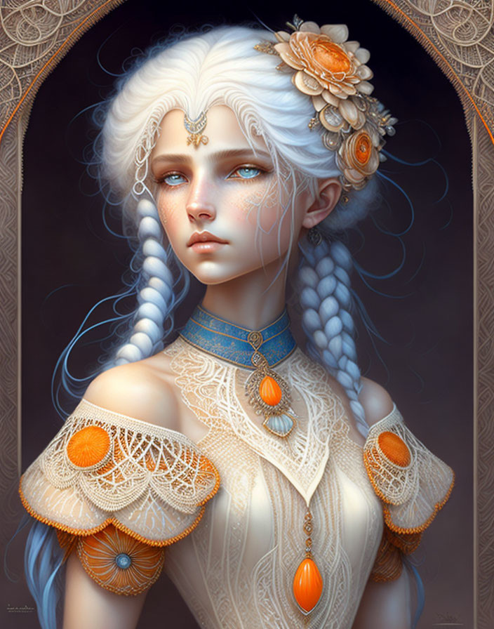 Fantasy female digital art: white hair, blue eyes, orange flowers, jewelry.