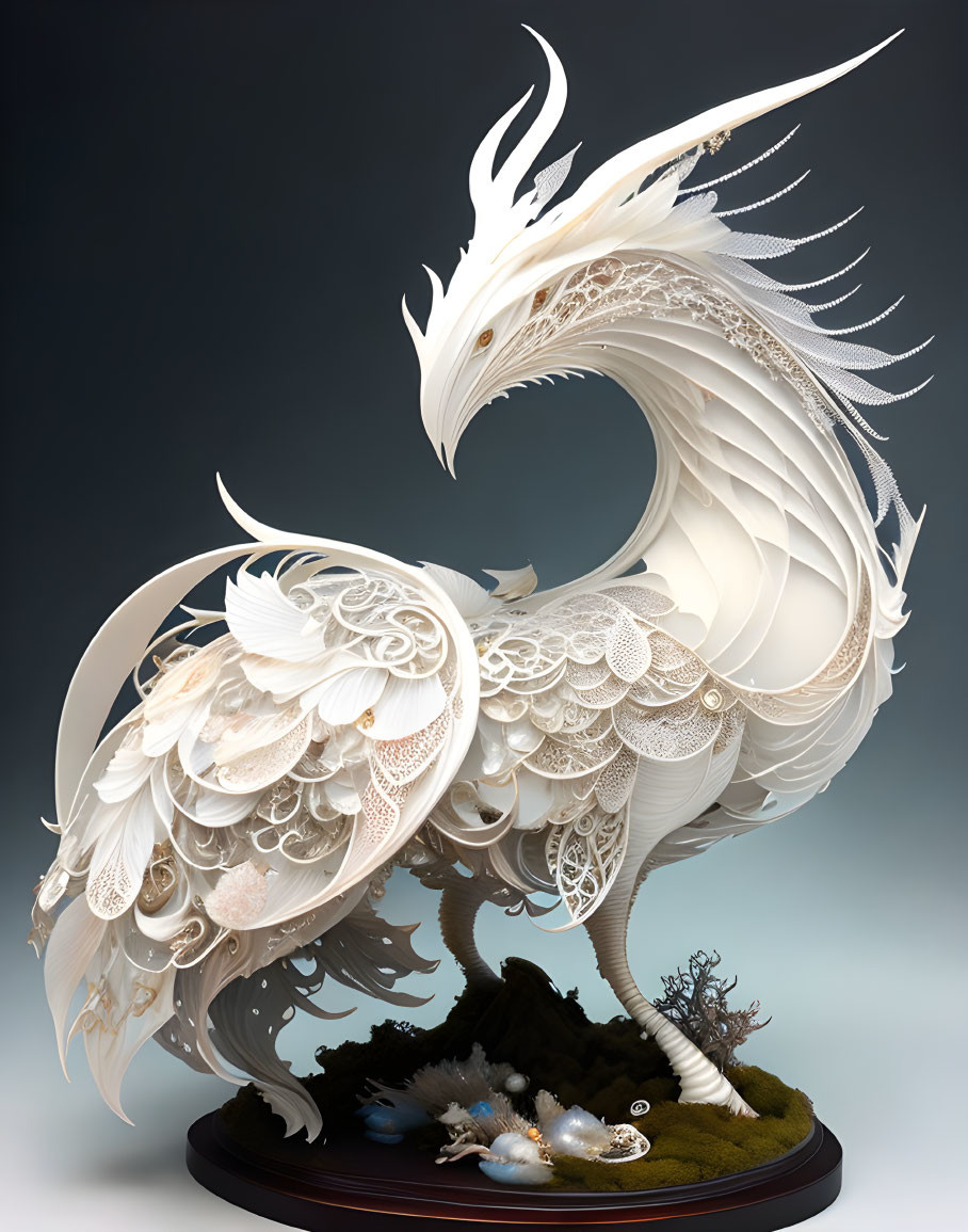 Detailed sculpture of majestic white dragon with feather-like scales on rocky base.