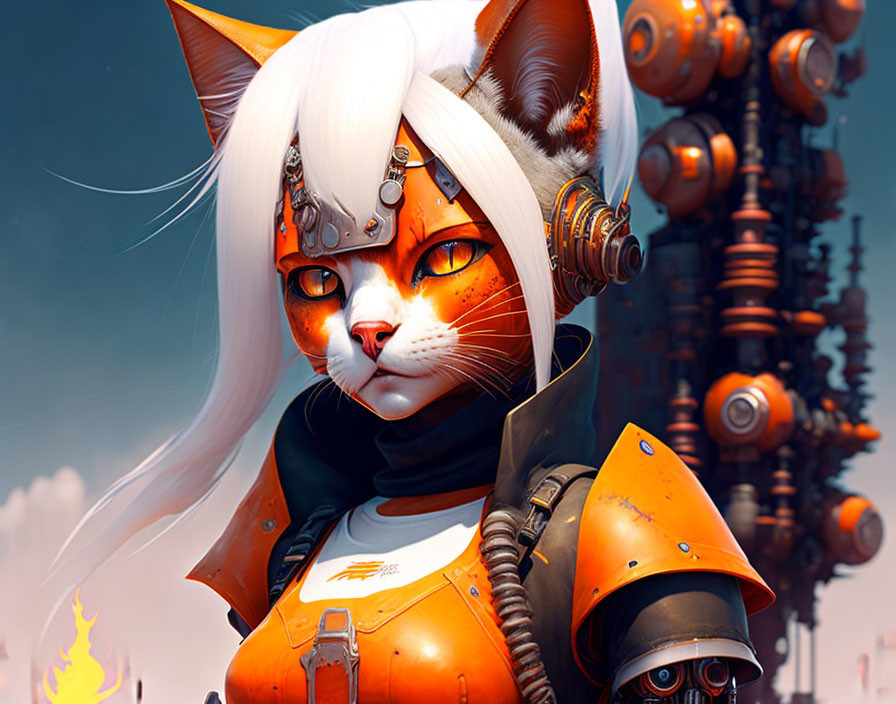 Futuristic orange and white cat with mechanical gear in industrial setting