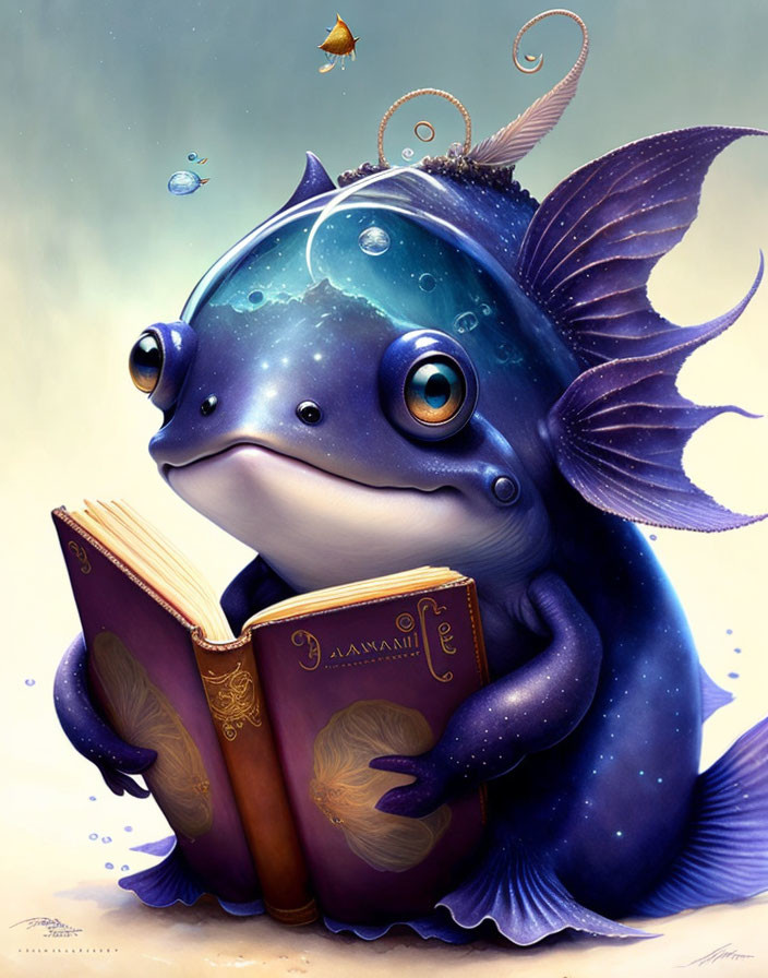 Whimsical fish-like creature with celestial patterns reading ornate book