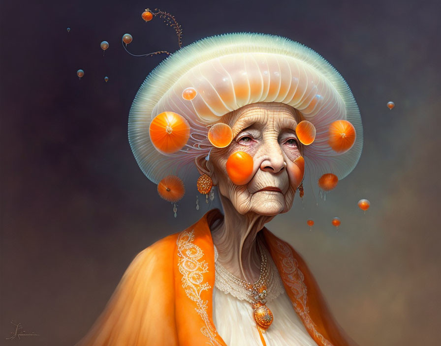 Elderly woman with surreal jellyfish-like hat and orange robe surrounded by orbs and bubbles