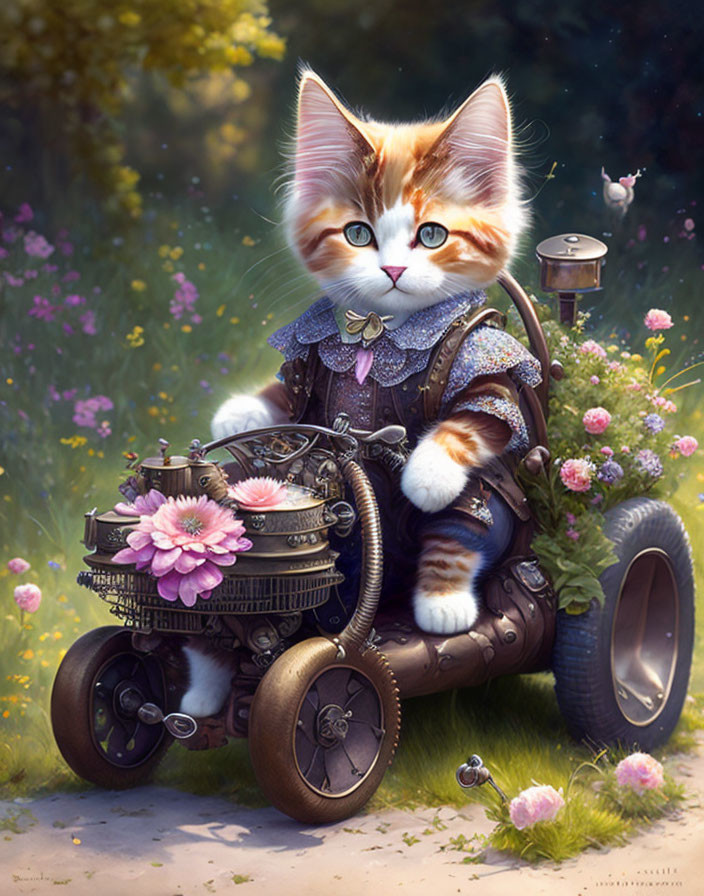 Orange and white anthropomorphic cat in Victorian attire on fantastical mechanical device in blooming garden