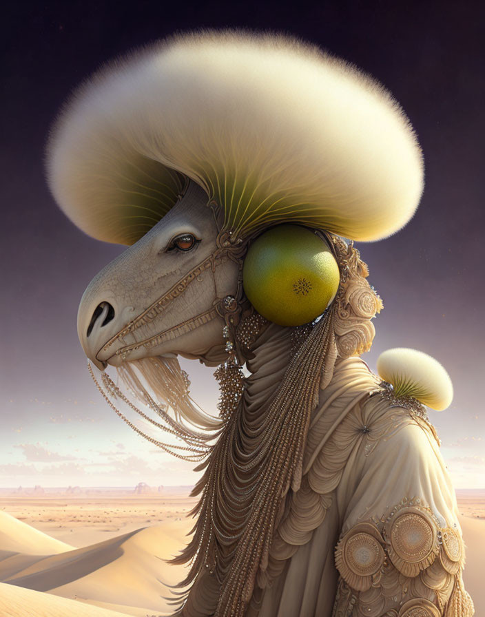 Surreal humanoid camel with majestic outfit and jewelry in desert scene