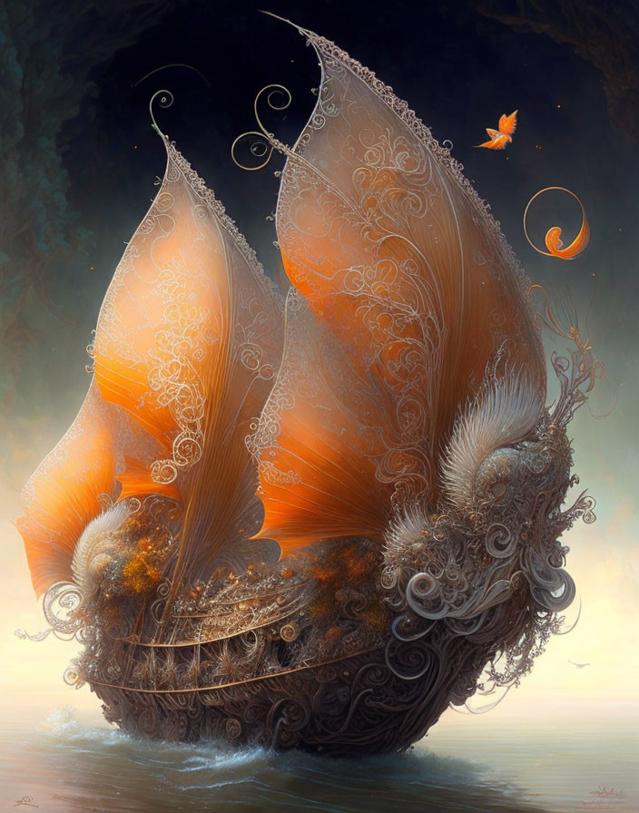 Ornate ship with glowing orange sails on tranquil waters