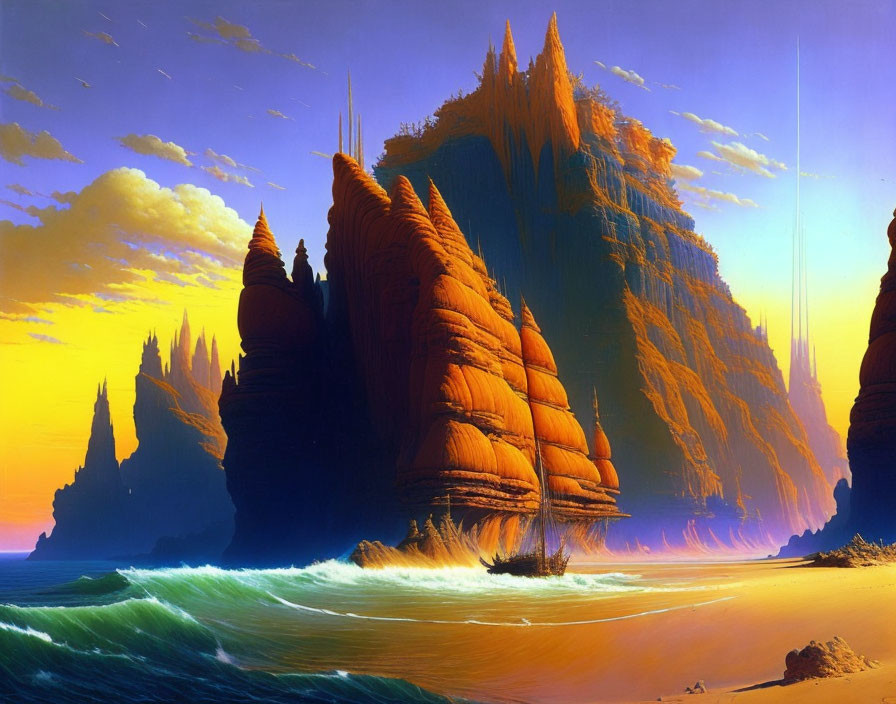 Orange rock formations and sailboat in digital art landscape