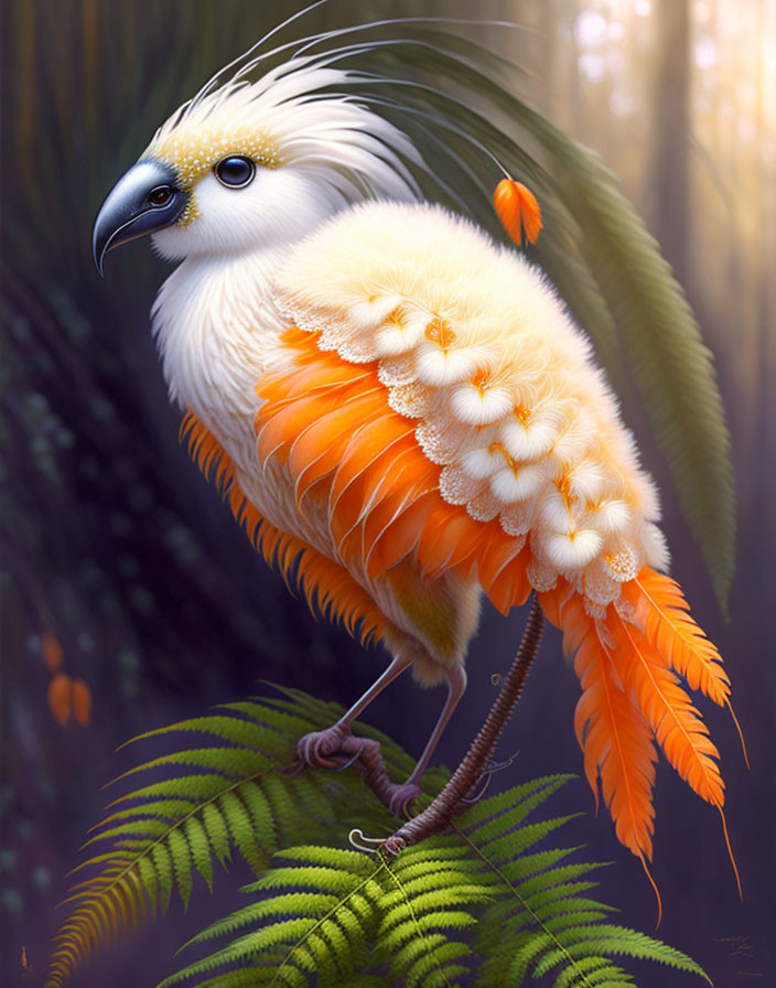 Mythical eagle-headed bird with white and orange plumage in a radiant forest