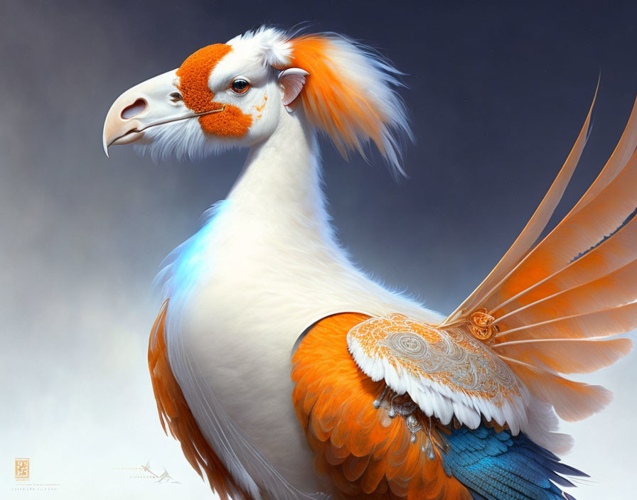 Fantastical creature digital artwork: white body, avian-like ornate tail, orange-and-white