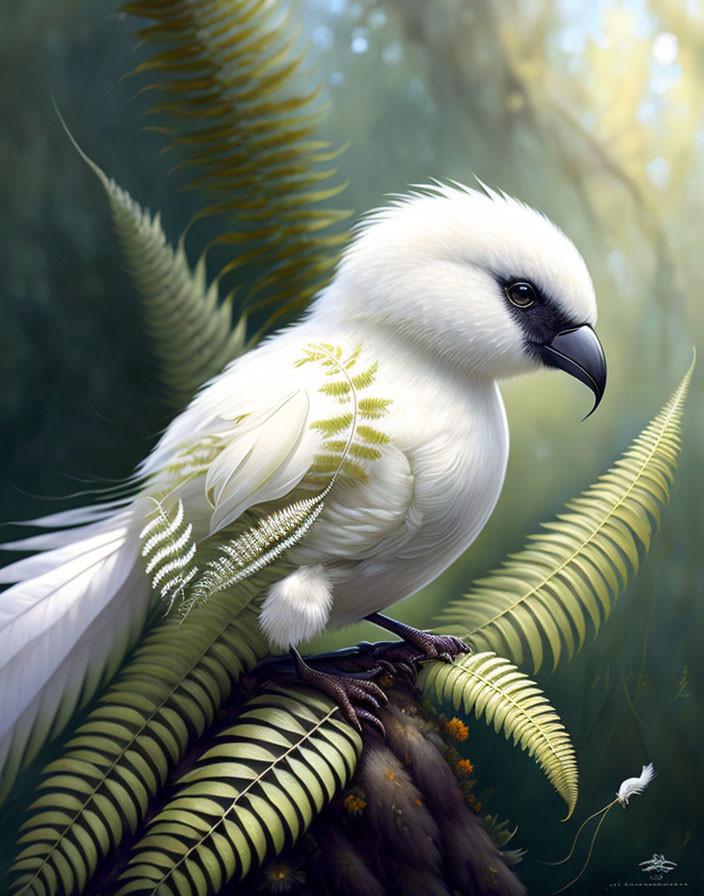 White bird with black beak perched on branch among green ferns gazes at floating feather