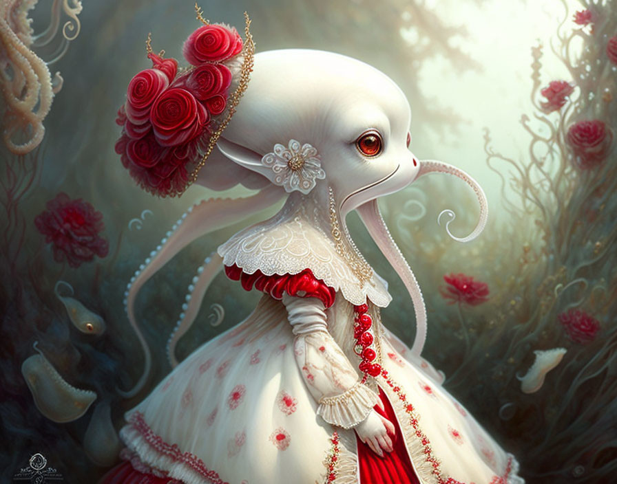 Fantastical creature with squid-like head in vintage gown