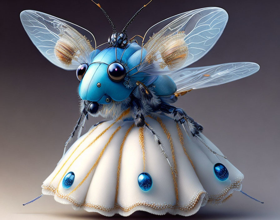 Stylized insect digital art: blue head, ornate white dress body.