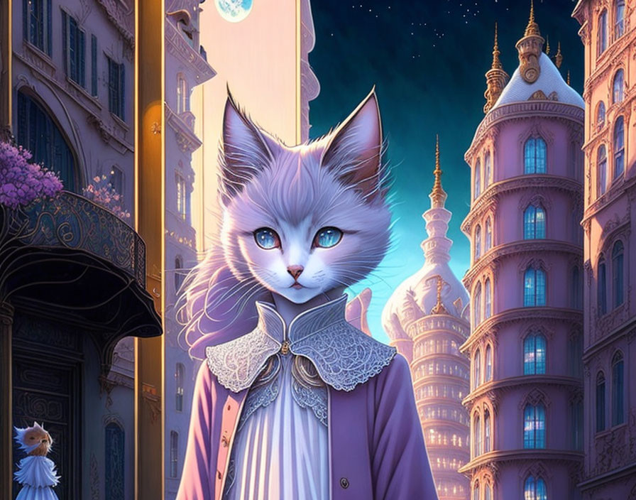 Anthropomorphic cat in elegant attire among fairytale buildings