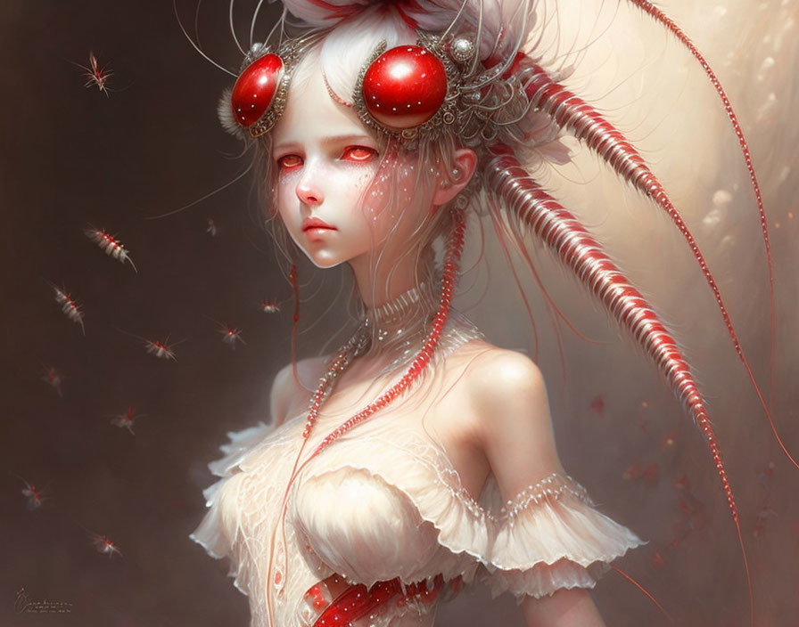 Pale girl with red eyes in ornate headdress, orbs, and feathers