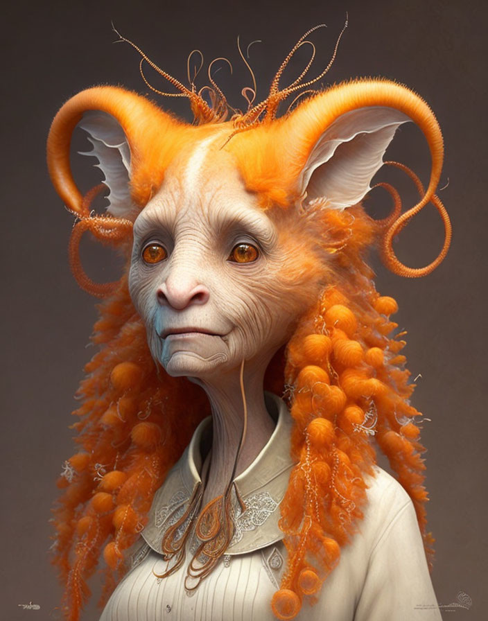 Goat-like fantastical creature with orange hair, horns, and vintage shirt