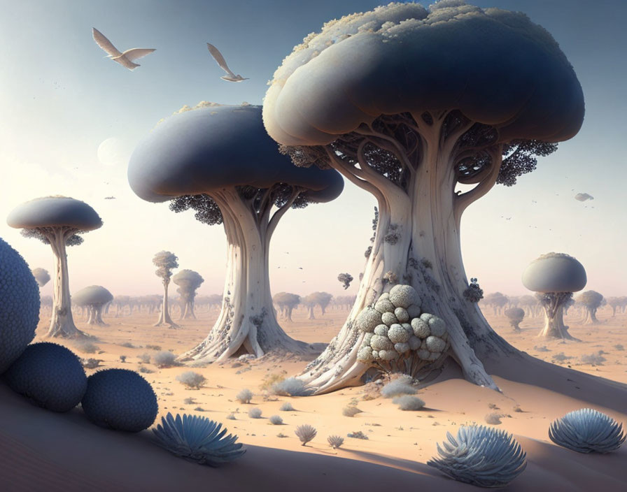 Surreal landscape with oversized mushrooms and organic shapes