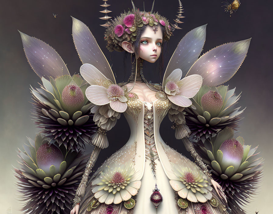 Fantasy illustration of mystical female figure with floral and butterfly adornments