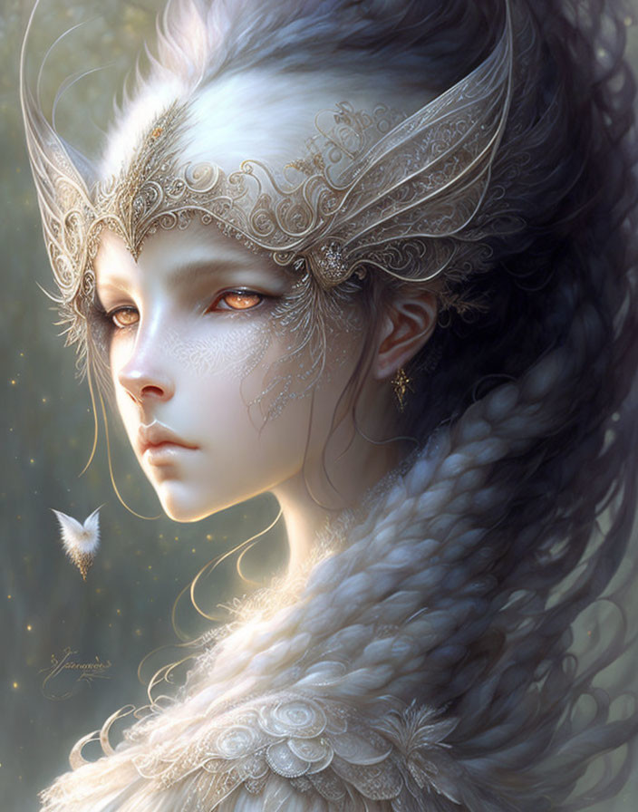 Ethereal fantasy portrait of woman with silver headgear and butterfly