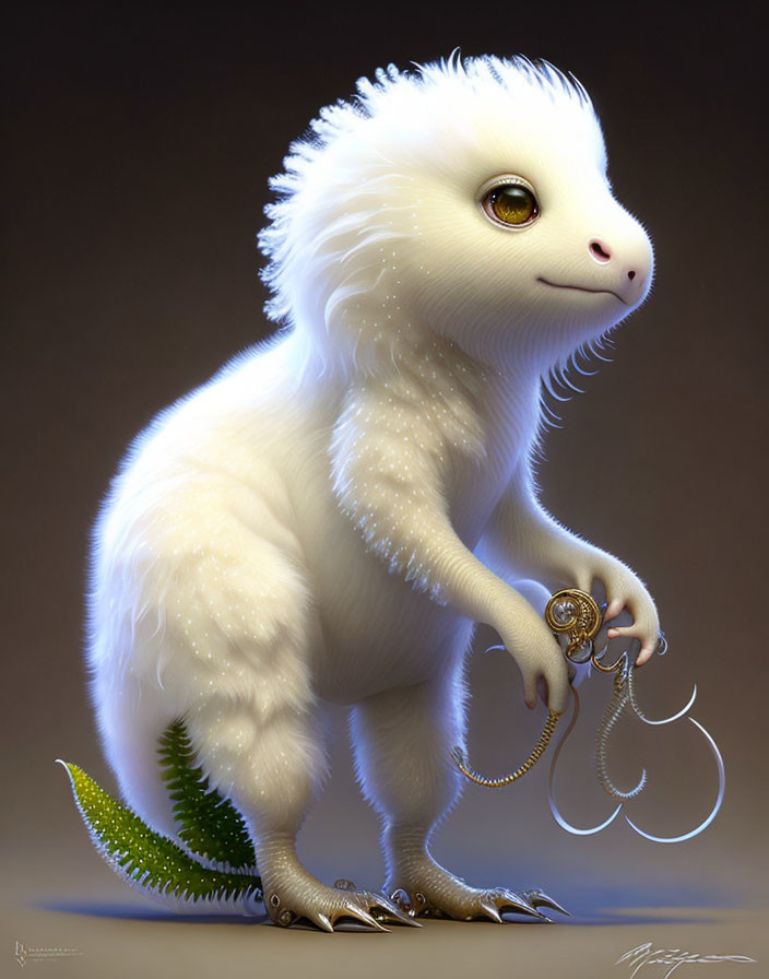 Whimsical white furry creature with reptilian feet holding a golden pocket watch