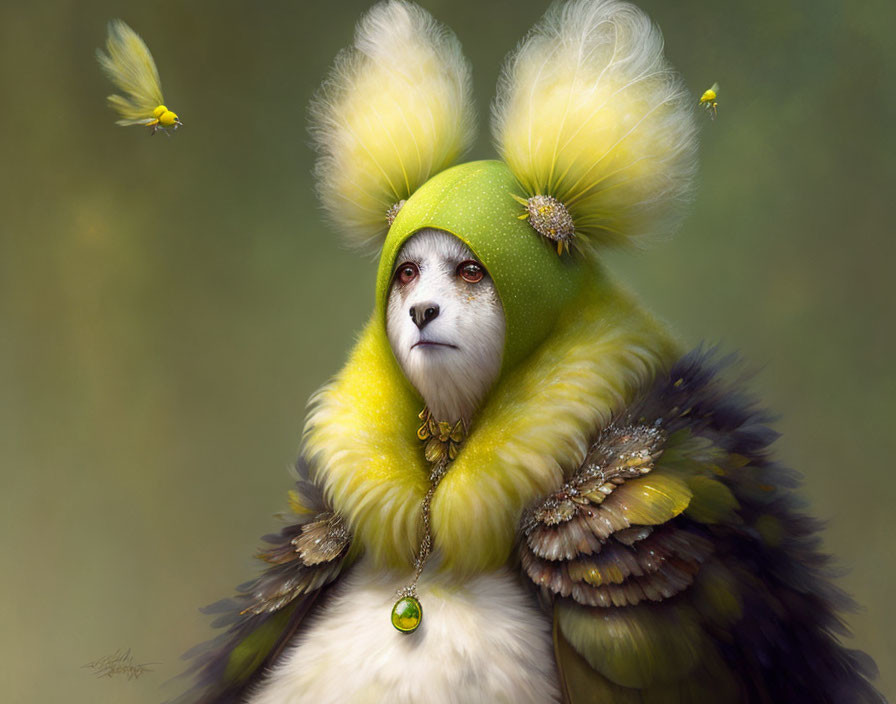 Colorful anthropomorphic creature in yellow attire with wings and butterflies